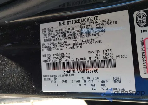 2011 Ford Fusion Sel z USA, uszkodzony, nr VIN 3FAHP0JA9BR328760